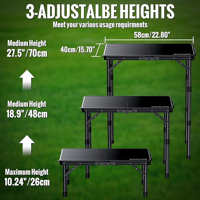 GARLLEN Folding Camping Table with Waterproof Plastic Tabletop, Portable Folding Picnic Table with 3-Adjustable Height, Aluminum Frame Outdoor Table for BBQ, Camping, Indoor Use, 22.8" L x 15.7" W