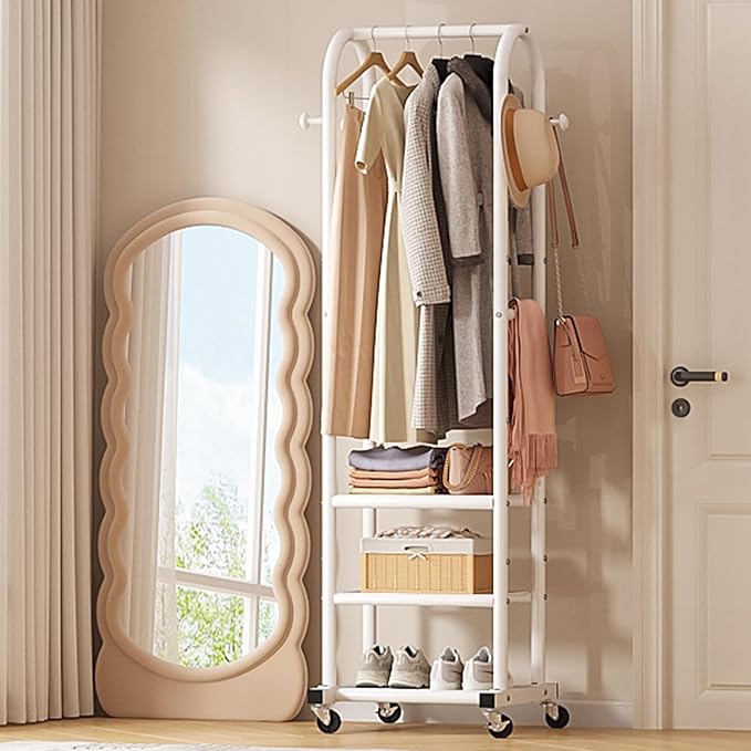Dttwacoyh Narrow Hall Tree for Small Spaces,Space-Saving Solution for Tall Free Standing Metal Garment Rack with Shelves，Hook and Wheels for Entryway, Mud Room, Laundry Room,Bedroom- White