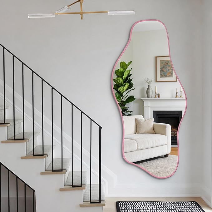 Large Irregular Mirror, 63"x30" Asymmetrical Tempered Glass Mirror Full Length, Pink Organic Frameless Wall Mirrors for Living Room Bedroom Hallway Entryway, Horizontal or Vertical Hanging