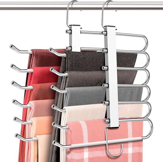 HUITEM Space Saving 6 Tier Pant Hangers, Anti-Slip, Lightweight, Stainless Steel, 2 Pack, White