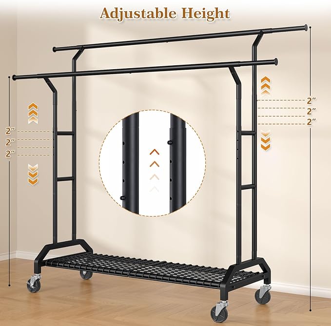 Wiracks Heavy Duty Clothes Rack Double Clothing Rack 450lbs Capacity 3" Industrial Wheels 51"-71" L X 19.7" D X 73"-79" H Stury Rolling Clothes Rack Adjustable Rolling Garment Rack Black