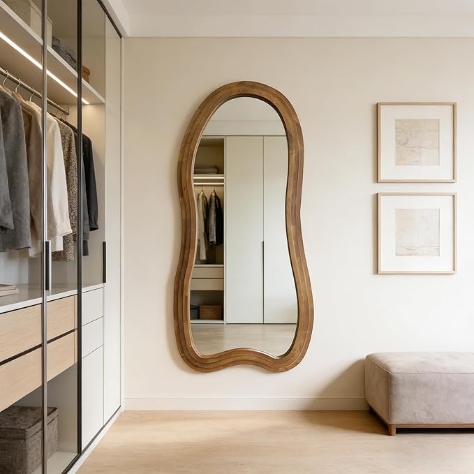 Large Irregular Floor Mirror, 67"x31.5" Organic Shaped Mirrors with Triple-Layer Solid Wood Frame, Asymmetrical Full Length Mirror for Entryway Living Room Bedroom Hallway, Leaning/Hanging