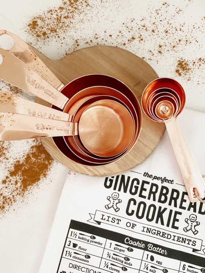 Copper Measuring Cups and Spoons Stainless Steel 9 pieces with 2 Rings