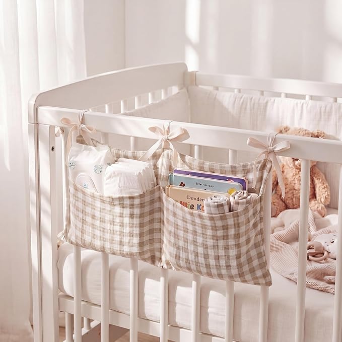 Gingham Crib Organizer Hanging Cotton Baby Bedside Hanging Storage Bag Storage Crib Organizer Baby Nappy(Beige)
