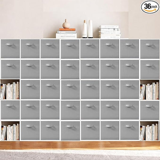11 Inch Fabric Storage Bins, Storage Cubes, Collapsible Cube Storage Box, Fabric Closet Organizers with Handle for Home, Office, Shelf, Closets, Bedroom, Living Room, Grey, 36 Pack