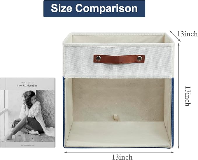 Bagnizer Storage Cubes, 4 Pack Linen Foldable Storage Bins (13 x 13 inch) with Clear Window and Handles, Fabric Organizer for Shelf Closet, Clothes, Books - (Navy Blue and White)