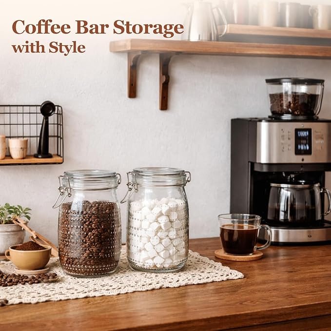 ComSaf 34oz 3 Pack Vintage Hobnail Decorative Glass Canisters with Airtight Clamp Lidsfor Coffee Bar, Tea Station and Kitchen Gift, Wide Mouth Clear Jars for Sugar, Snacks, and Countertop Display