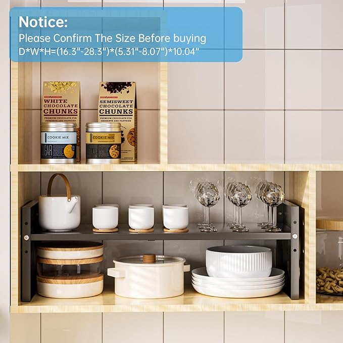 Fun-Face Expandable Cabinet Shelf Organizer,Adjustable Height & Width, Stackable Metal Storage Rack,Kitchen Spice Rack, Pantry Shelf, Countertops (1, Black)