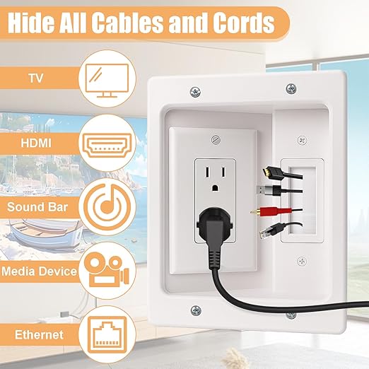 in-Wall TV Cable Management Kit with Recessed Dual AC Outlet, 9FT Extension Cord & Brush Wall Plate, TV Wire Hider for Wall Mounted TV, Power & Low Voltage Cable Concealer (2AC)
