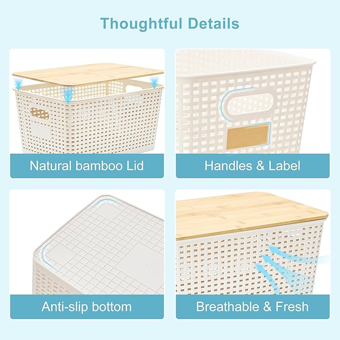 Bagnizer 2 Pack Tall Plastic Storage Bins with Bamboo Lids, 10.8qt Stackable Storages Baskets for Organizing Desktop Closet Playroom Classroom Office, 12"L x 8.3"W x 6.1"H, Cream White