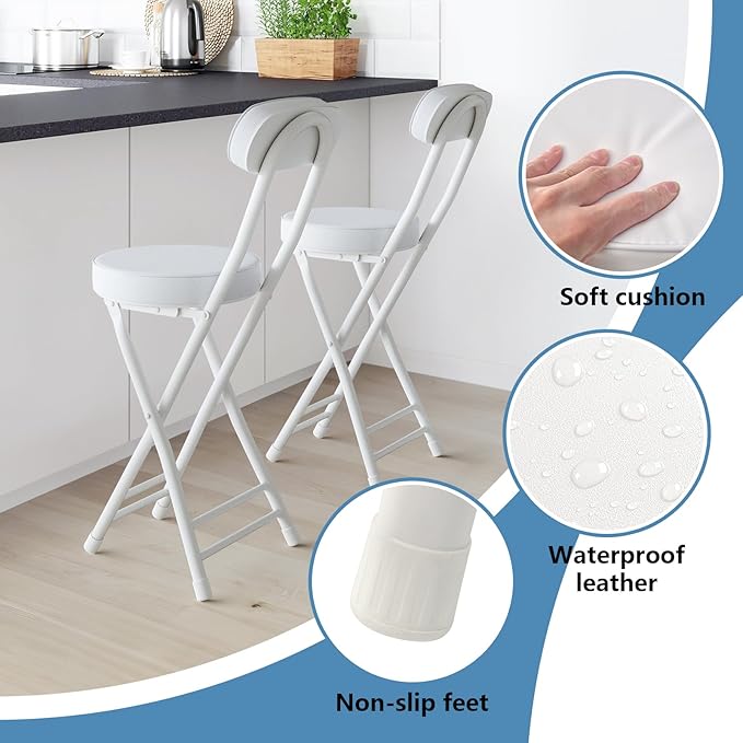 Folding Stool,Cushioned Padded Folding Bar Stool,24inch White Height Heavy Duty Portable Chair Stool with 300lbs Capacity for Kitchen Living Room Garden Camping Fishing
