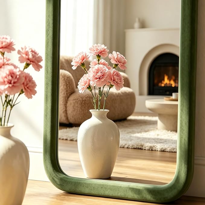 Full Length Mirror 56"x20" Arch Floor Mirror with Stand Arched Full Body Mirror Standing Hanging or Leaning Against Wall for Bedroom Flannel Wrapped Wooden Frame, Green