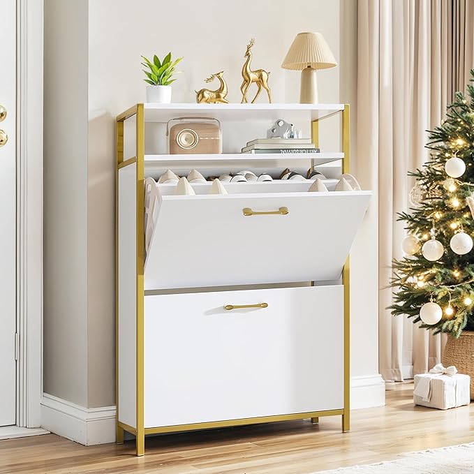 VECELO Shoe Storage Cabinet with 2 Flip Drawers for Entryway, Modern Slim Hidden Freestanding Organizer with Metal Legs for Hallway, Living Room, Large Capacity, Suit for Size to 11, White