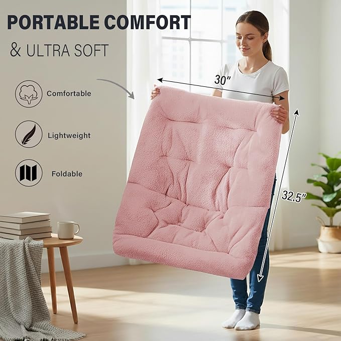 Tiita Comfy Folded Chair, Soft Faux Fur Oversized Folding Accent Chair, Lazy Chair for Teens Adults, Metal Frame Moon Chair for Bedroom, Living Room, Dorm Rooms, X-Large Pink