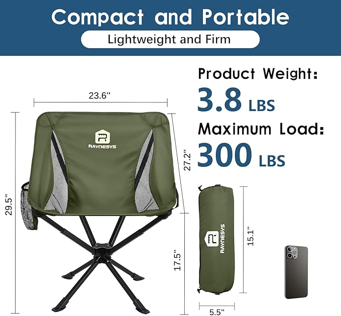 Raynesys 2 Pack Portable Camping Chair, Flexible 360° Rotation, 8 Seconds Quick Setup Folding Camping Chair, 3.8Lb Lightweight Travel Chairs for Easy Carry to Hiking, Sporting, Beach, Army Green