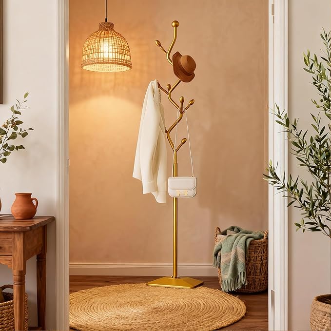 Coat Rack Freestanding gold Coat Tree with 8 Hooks, Creative Design Tree Branch-look, Standing Coat Rack Coat Hanger Stand with Stury cast iron Base for Entryway, Hallway, Bedroom (gold)