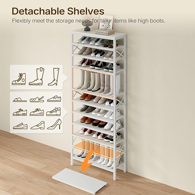 YATINEY 12-Tier Tall Shoe Rack Organizer, Wooden Shoe Storage for Closet Holds 48 Pairs, Sturdy Shoe Shelf with X-Shaped Metal Support, for Entryway, Bedroom, White SS212WW