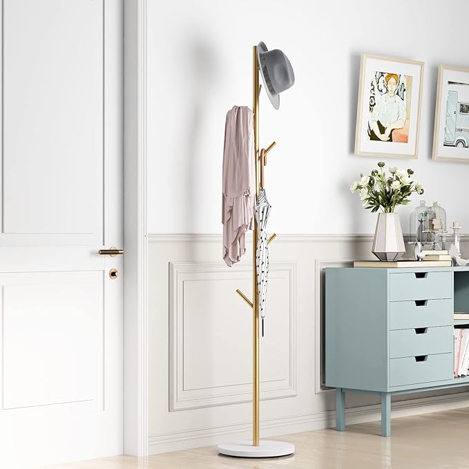 DOORXIFO Gold Coat Racks, Metal Coat Rack Freestanding with Hooks, Entryway Coat Rack Stand, Coat Racks with Marble Base, Coat Tree for Hanging Clothes, Hats, Bags