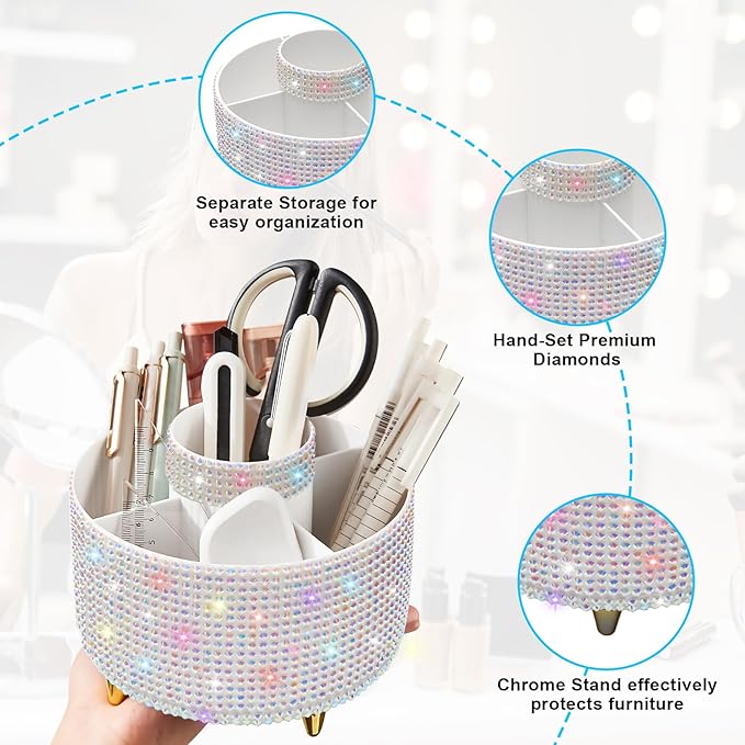 Diesisa Bling Diamond 360° Makeup Brush Holder Organizer, Rotating Makeup Brush Organizer,5 Slot Make up Brushes Cup for Cosmetics, Vanity Desktop Organizer, Gift for Women Teen Girls- Diamond White