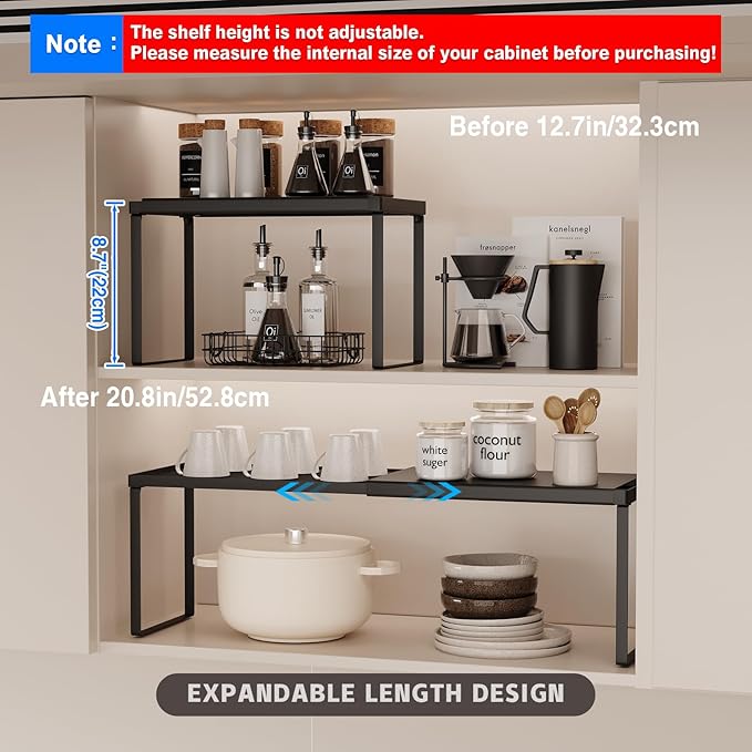 Magheo Expandable Cabinet Shelf Organizer, 2 Pack Stackable Kitchen Counter Shelf Riser, Metal Spice Rack Heavy Duty Countertop Organizer Storage for Kitchen, Pantry, Cupboard, Rv (8.7in Height,Black)