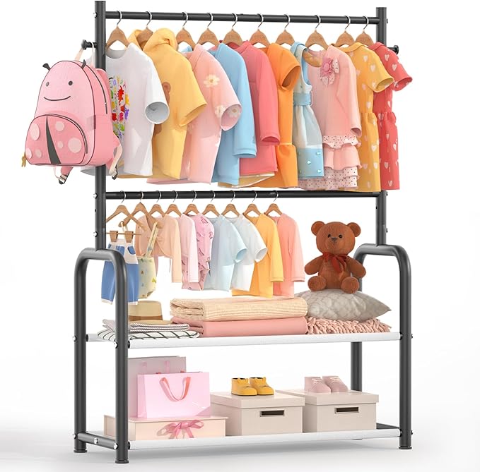 Kids Clothing Rack with 2-Layer Storage Shelf and 2 Adjustable Hanging Rods,Dress Up Rack for Hanging Clothes,Dress up Storage for Baby Toddle Kids(Classic, Black)