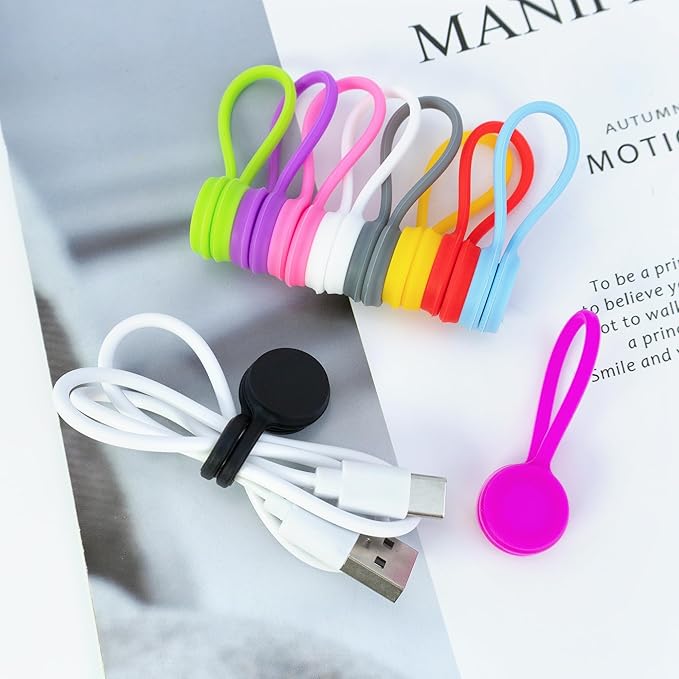 Quacc 10 PCS Reusable Magnetic Cable Ties Magnetic Cable Ties Silicone Cable Straps Wire Organizer for Earphone Phone Charger Audio Cable 10 Colors Silicone Cable Clips for Office, School, Home
