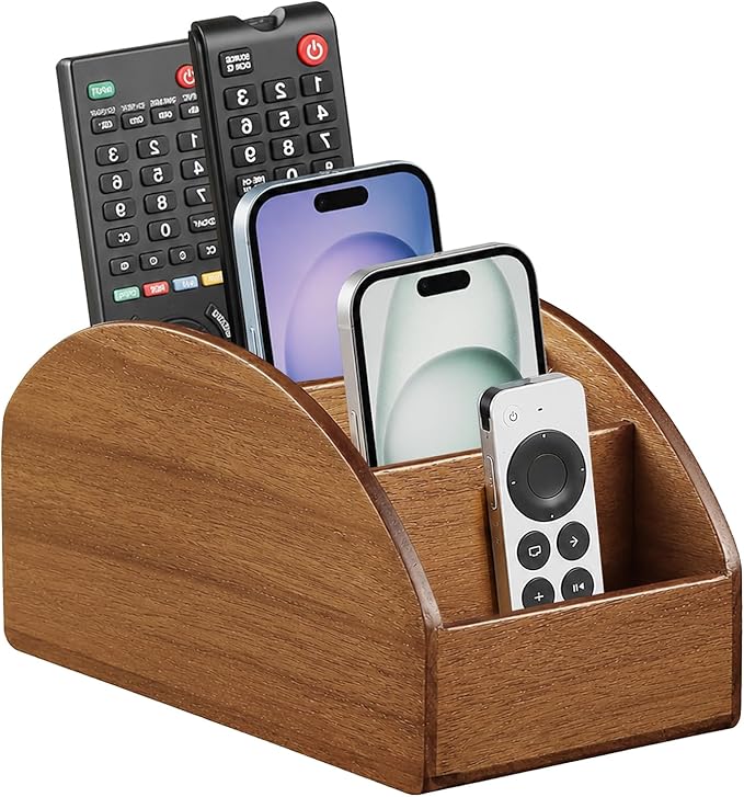 BIBELUN Large TV Remote Control Holder, Rustic Wood Nightstand Remote Caddy with 5 Compartments, Entryway Table Storage Box Organizer for Phones, Controllers, Media Player, Office Supplies, Home Décor