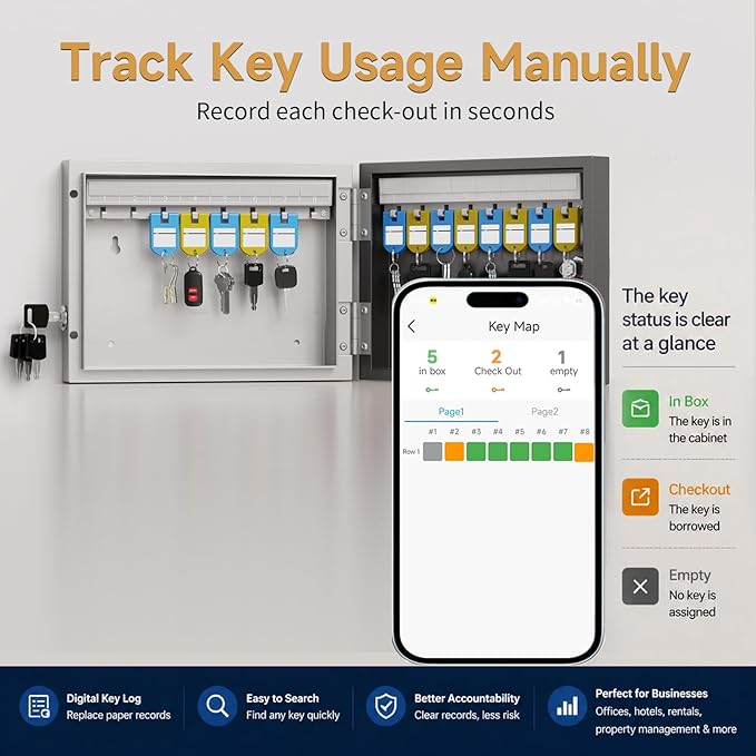 16 Key Lock Box Wall Mount, Smart Key Management Cabinet use One Time Password, Fixed Code, Bluetooth, Wi-Fi Remote Unlock, Security Lockbox Organizer, APP Access Log Tracking for Valets, Car, Office