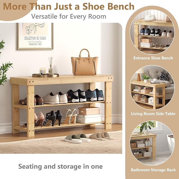 NEWBULIG Shoe Rack Bench, 3-Tier Bamboo Shoe Organizer, Wooden Entryway Storage Bench, 286 lb Load Capacity, 11.2x35.5x17.9 Inches, for Entryway Bathroom Bedroom Balcony, Wood