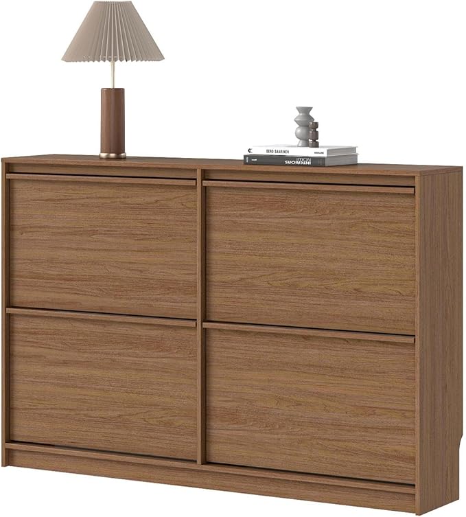 Shoe Cabinet with 4 Flip Drawers, Modern Narrow Shoe Storage Cabinet Organizer with Adjustable Shelf, Hidden Freestanding Shoe Rack for Entryway, Hallway, Living Room, Walnut