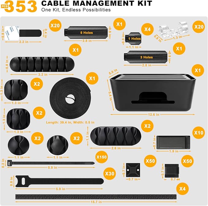 353 PCS Cable Management Kit - 1 Cable Management Box, 4 Cable Sleeve Split, 130 Adhesive Cable Clip, 17 Cable Holder, 1 Roll Cable Organizer Strap, 150 Cable Tie with 50 Mount, for Computer Desk TV