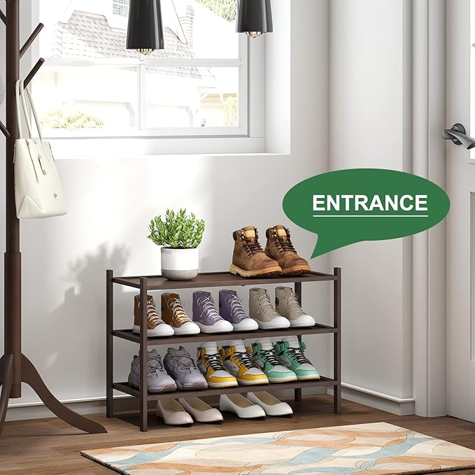 kiplant Bamboo Shoe Rack for Entryway, 3-Tier Stackable | Foldable | Natural, Shoe Organizer for Hallway Closet, Free Standing Shoe Racks for Indoor Outdoor