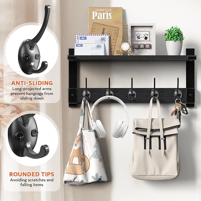 Oraich Wall Hooks with Shelf, Coat Rack Wall Mount, Entryway Hanging Shelf for Clothes Backpack Key Purse, Shelf with Hooks Hanging in Living Room, Bathroom, Bedroom, Kitchen