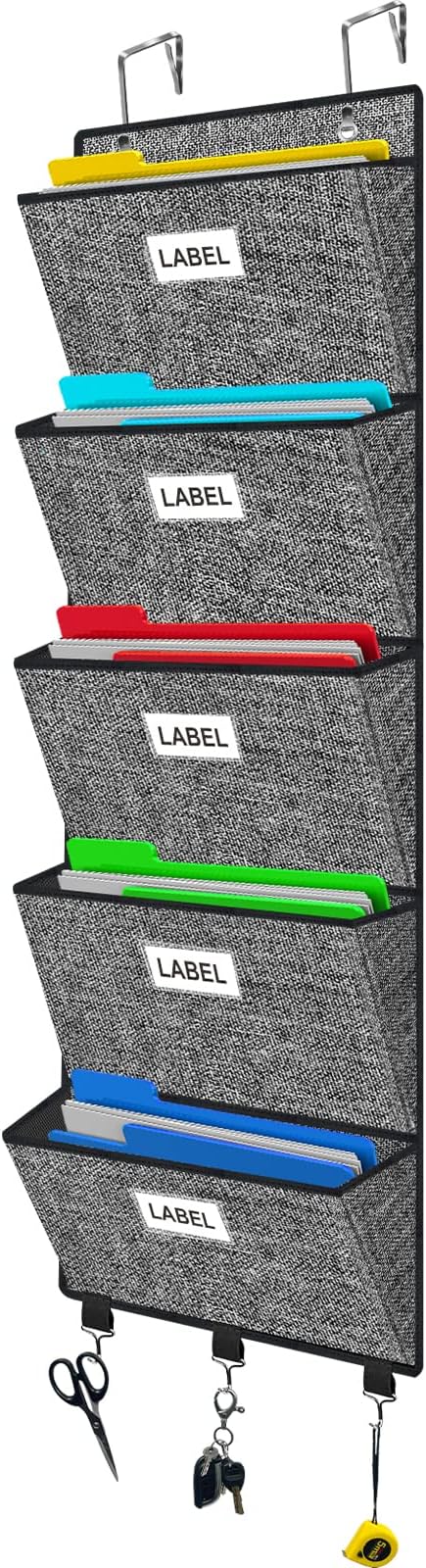 Homyfort Over the Door File Organizer, Hanging Wall File Folders with 5 Large Pockets for Papers, Charts, Mails, Magazine, Office and Back To Supplies Storage and Organization (Black)