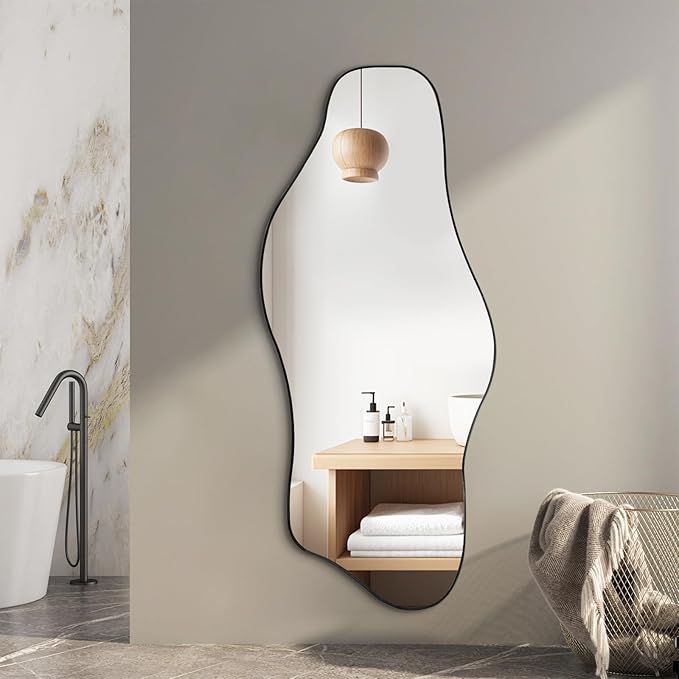 Large Irregular Mirror, 54.5"x24" Asymmetrical Tempered Glass Mirror, Modern Abstract Frameless Mirrors for Living Room Bedroom Hallway Entryway, Hangs Vertically or Horizontally
