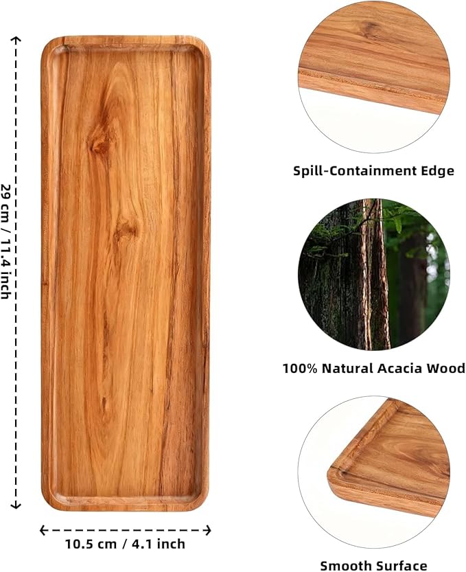 Handcrafted Acacia Wood Serving Tray 4 Pack– Multi-Functional Decorative & Candle Tray, Smooth Polished Surface with Raised Edges，Cheese Board for Food，Kitchen Organization,or Gift-11.4*4.1*0.59 in