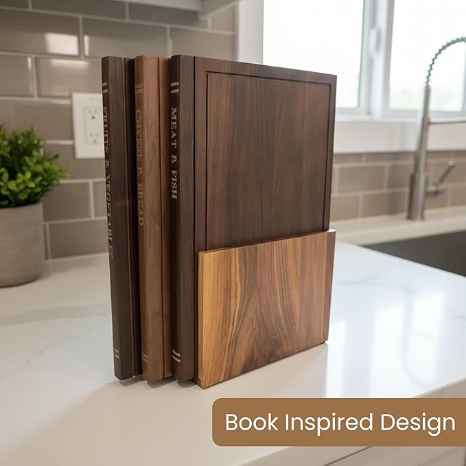 The Cutting Board Library™ | Original Design North American Walnut Wood Decorative Kitchen Display Boards (Set of 3) with Stand | Premium Countertop Serving & Styling Collection