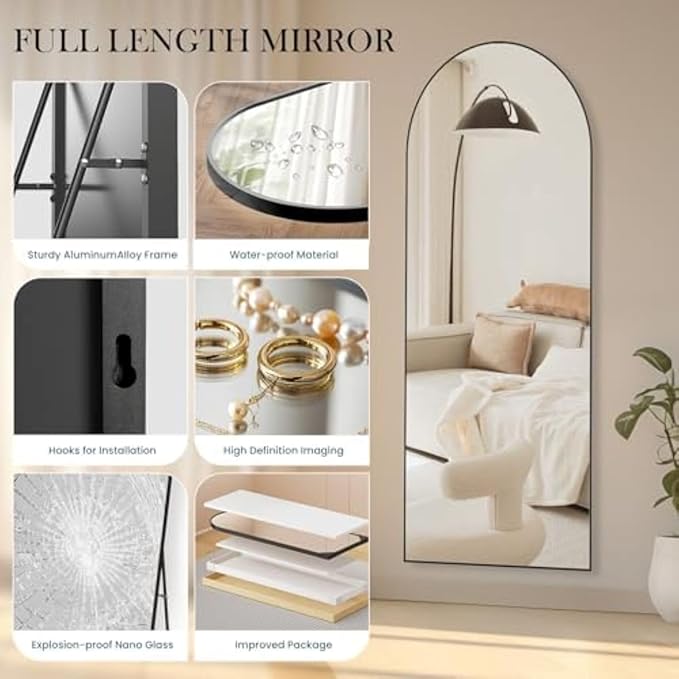 NEWBULIG 64"x21" Arched Full Length Mirror, Full Body Floor Mirror with Aluminum Alloy Thin Frame, Wall or Standing Mirror for Bedroom, Living Room, Dressing Room, Black-Arched