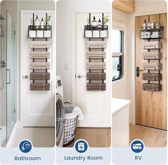 Aetyord Towel Racks for Bathroom Over The Door Towel Racks Towel Storage Organizer with Metal Shelf Basket for Bathroom Rv Camper (7-Tier Black)
