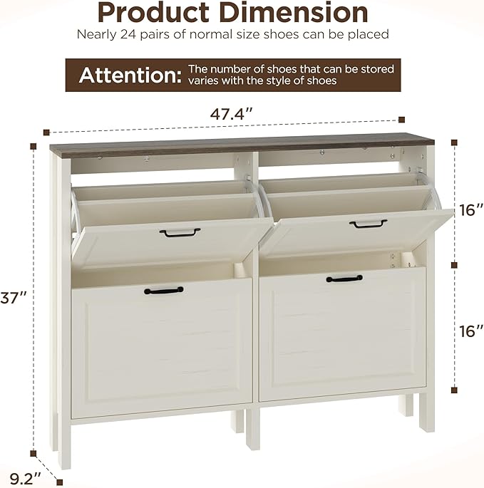 LOUVIXA Shoe Cabinet with 4 Flip Drawers, Narrow Shoe Storage Cabinet, Freestanding Shoe Cabinet Organizer, Hidden Shoe Rack Cabinet for Entryway, Hallway (4-Drawers, Off White-Brown)