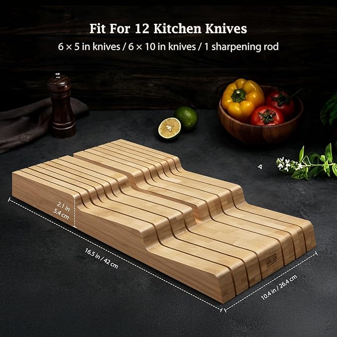 HOSHANHO In-Drawer Knife Block, Large Bamboo Knife Drawer Organizer for 12 Knives, Kitchen Steak Knife Holder for Sharpening Steel, Natural (Knives & Sharpening Not Included)