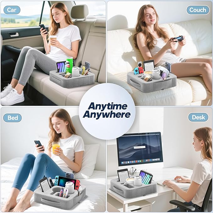 Couch Cup Holder Pillow, Sofa and Bed Caddy for iPad, Kindle, Switch, Game Controller, Remotes, Phones, Small-Sized Cup and Drink Holder for Couch, Bed, Desk, Car, Bathroom Cup Holder, Ash Gray