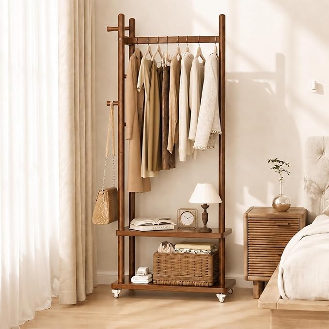 Taitiy Coat Rack Freestanding Clothing Rack with Wheels, Coat Tree Freestanding Heavy Duty with 2 Storage Shelves and 5 Hooks, Wood Garment Rack for Corner Bedroom Hallway Entryway Living Room Hotel
