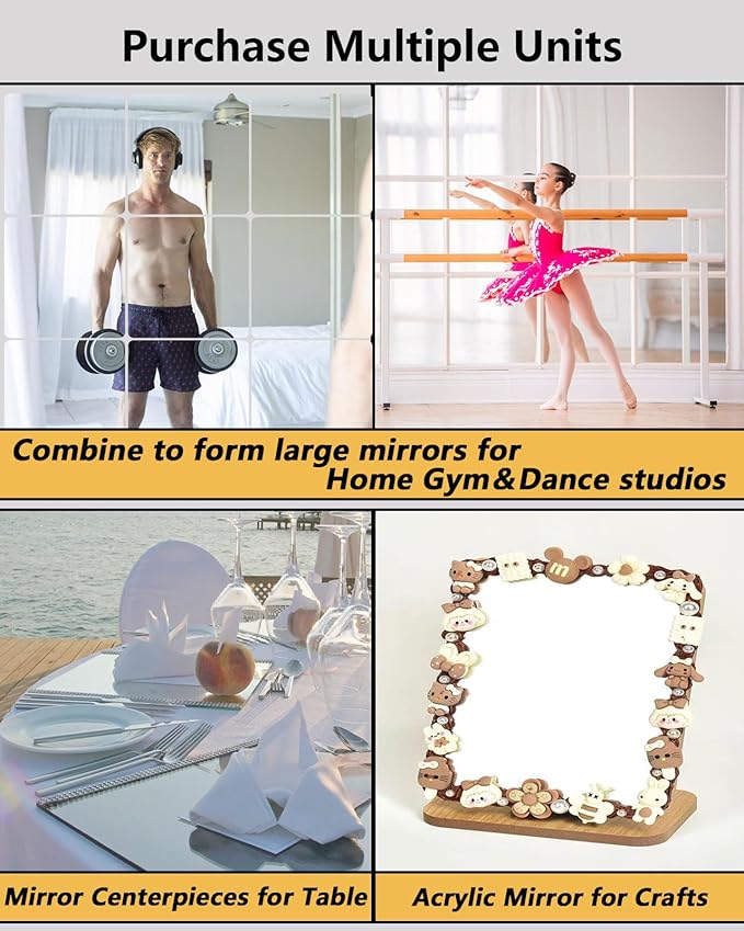 Unbreakable Mirror Tiles, 8PCS 16”x12”Peel And Stick on Mirror for Wall Mirrors Decorative, Toddlers for Kids Bedroom, Plastic Gym Frameless Door Small Adhesive Mirrors for Classroom Decor Stickers