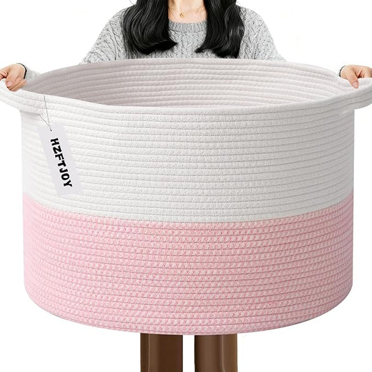 115L Extra Large Pink Woven Cotton Rope Basket with Handles, Kids Nursery Laundry Hamper for Toys, Blankets, Pillows & Comforters, Cute Storage Bin for Bedroom & Playroom