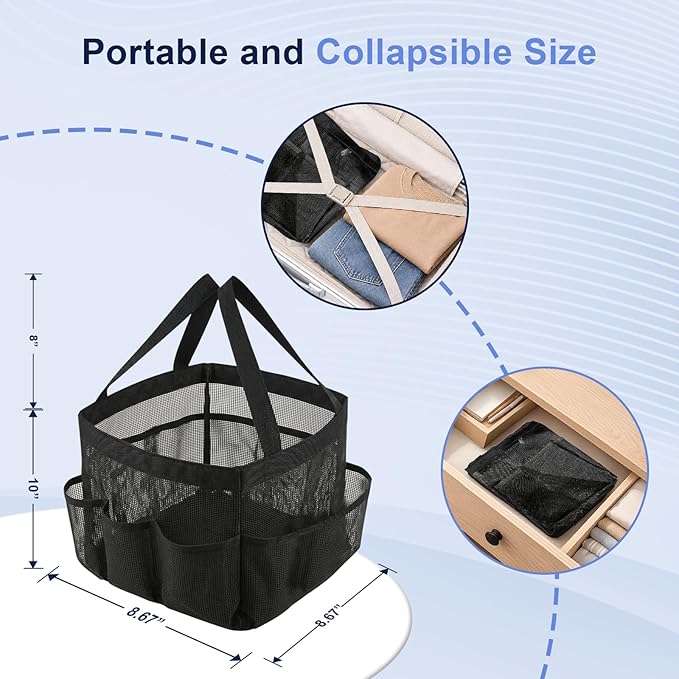 Mesh Shower Caddy Portable for College Dorm Room Essentials, 8-Pocket Quick Dry Hanging Shower Tote Bag with 2 Handles for Beach, Swimming, Gym, Travel Essentials