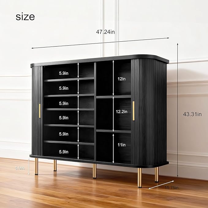 DHH Shoe Storage Cabinet with Sliding Door, 6-Tier Shoe Cabinet with Adjustable Shelves, Mid Century Modern Freestanding Shoe Storage Organizer for Entryway, Hallway, Living Room (Black, 47 ")
