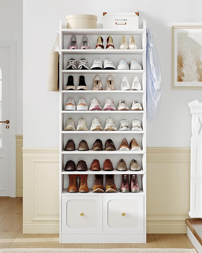 Hzuaneri Shoe Storage Cabinet, 10 Tiers Shoe Cabinet with 2 Cloth Drawers, Wooden Freestanding Shoes Organizer with 2 Hooks, 30-35 Pairs, Shoes Cubby Organizer for Entryway, White SR56303MI