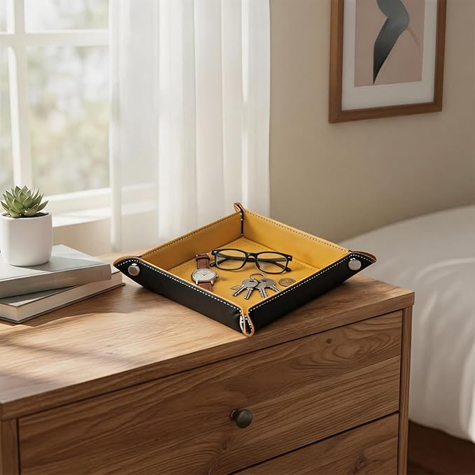 Valet Tray Desktop Storage Organizer – Vegan Leather Catchall Tray Bedside Vanity Tray Nightstand Caddy Holder for Remote Controller, Watch, Keys, Phone, Wallet, Coin, Jewelry, Yellow