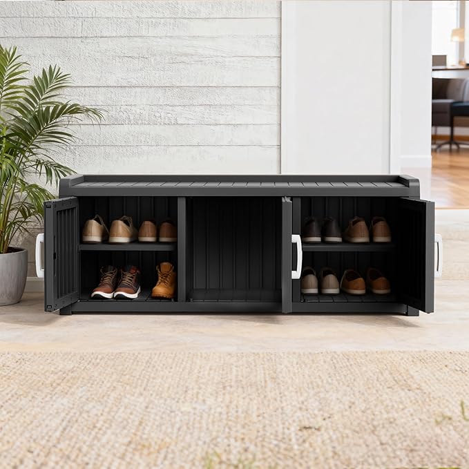 3 Doors Shoe Bench, Waterproof & UV-Resistant, Resin Shoe Cabinet Indoor & Outdoor Use, Entryway Bench with Adjustable Shelves & Hidden Storage Space for Bedroom, Hallway, Grey